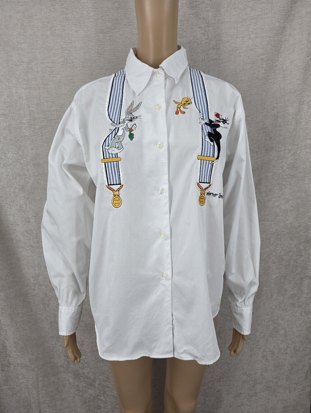 Warner Bros Looney Tunes Embroidered Suspender Shirt White Button Down